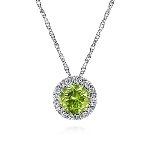 14K White Gold Peridot and Diamond Halo Pendant Necklace - NK2824W45PE-Gabriel & Co.-Renee Taylor Gallery