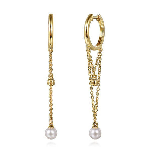 14K Yellow Gold Bujukan And Pearl Huggie Drop Earrings - EG15164Y4JPL-Gabriel & Co.-Renee Taylor Gallery