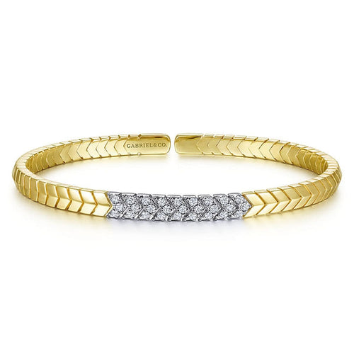 14K Yellow Gold Chevron Cuff Bracelet w/ White Gold Diamond Pavé Station - BG4383-62M45JJ-Gabriel & Co.-Renee Taylor Gallery