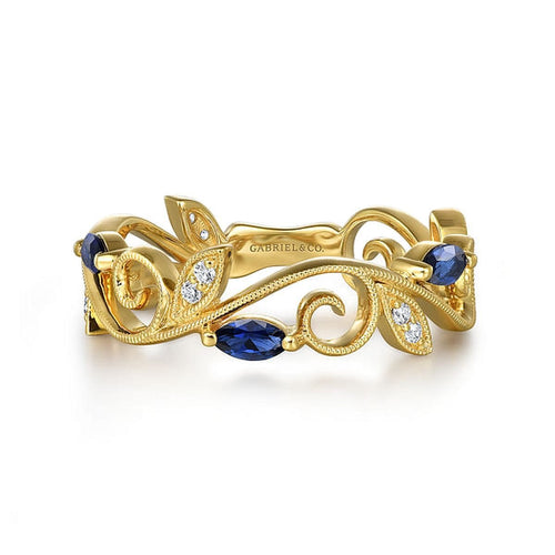 14K Yellow Gold Diamond and Blue Sapphire Filigree Pattern Stackable Ladies Ring - LR52531Y45SA-Gabriel & Co.-Renee Taylor Gallery