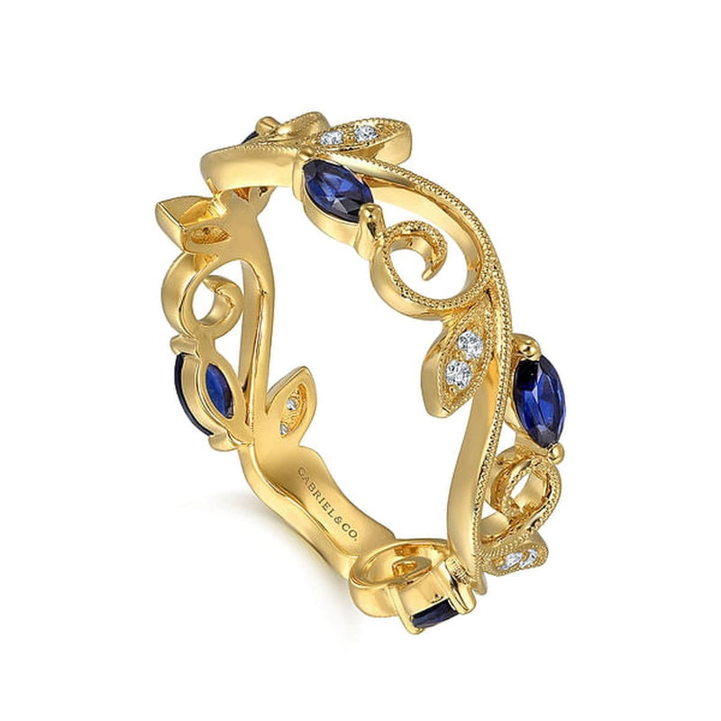 14K Yellow Gold Diamond and Blue Sapphire Filigree Pattern Stackable Ladies Ring - LR52531Y45SA-Gabriel & Co.-Renee Taylor Gallery