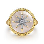 14K Yellow Gold Mother of Pearl Inlay and Diamond Starburst Signet Ring - LR52378Y45WM-Gabriel & Co.-Renee Taylor Gallery