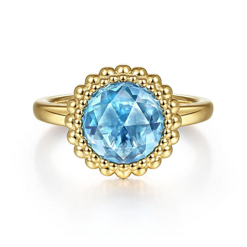 14K Yellow Gold Round Blue Topaz Bezel Set Ring w/ Bujukan Bead Halo - LR51792Y4JBT-Gabriel & Co.-Renee Taylor Gallery