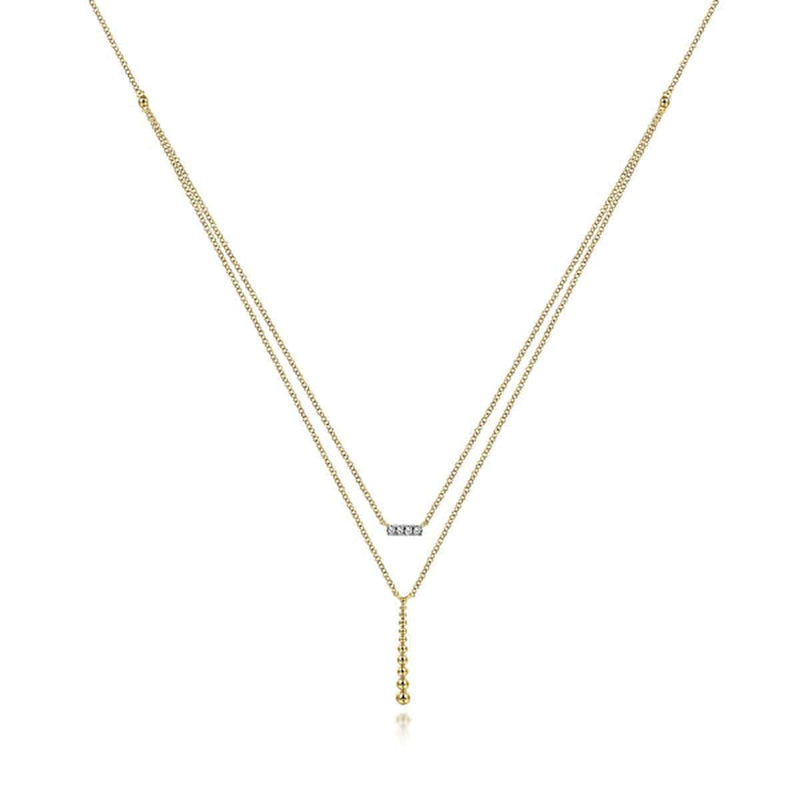 14K Yellow Gold Two Strand Diamond Bar and Bujukan Beaded Pendant Necklace - NK5959Y45JJ-Gabriel & Co.-Renee Taylor Gallery