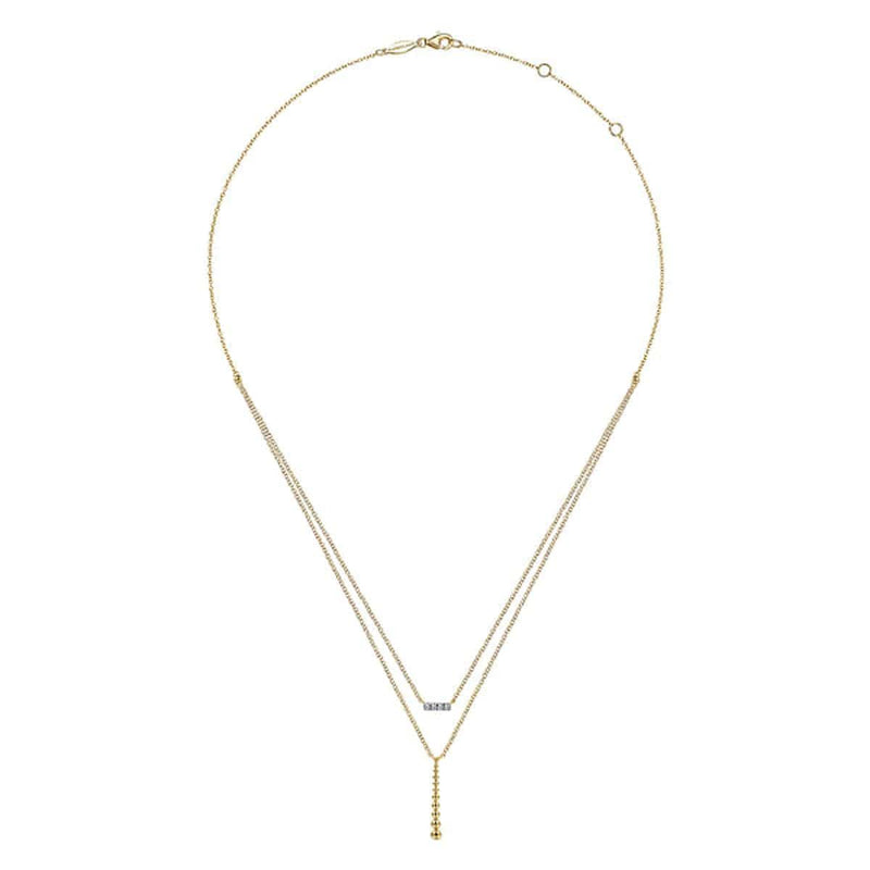 14K Yellow Gold Two Strand Diamond Bar and Bujukan Beaded Pendant Necklace - NK5959Y45JJ-Gabriel & Co.-Renee Taylor Gallery