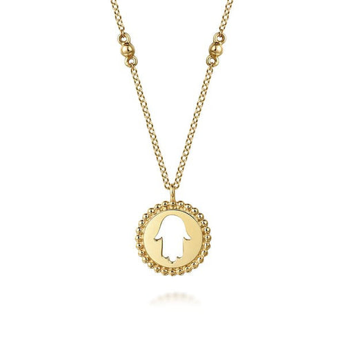 14K Yellow Plain Gold Bujukan Hand of God Medallion Necklace - NK7638Y4JJJ-Gabriel & Co.-Renee Taylor Gallery