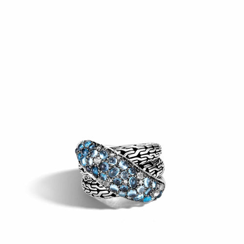 Classic Chain Silver Cross-over Ring w/ London Blue Topaz Swiss Blue Topaz and Blue Zircon - RBS902384MBTBZX-John Hardy-Renee Taylor Gallery