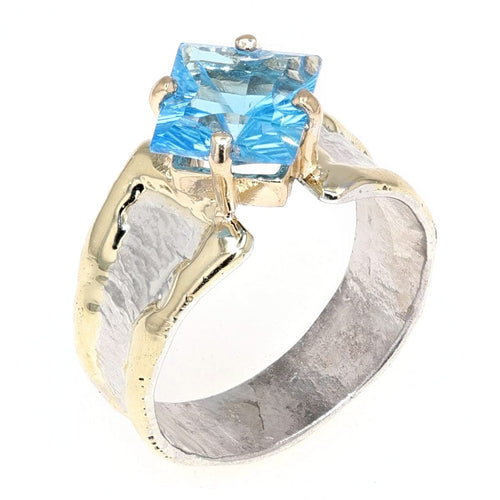 14K Gold & Crystalline Silver Princess-Cut Swiss Blue Topaz Split Taper Diagonal Ring-Shelli Kahl-Renee Taylor Gallery