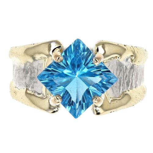 14K Gold & Crystalline Silver Princess-Cut Swiss Blue Topaz Split Taper Diagonal Ring-Shelli Kahl-Renee Taylor Gallery