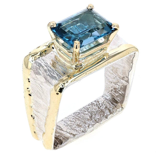 14K Gold & Crystalline Silver Emerald-Cut London Blue Topaz Square Ring-Shelli Kahl-Renee Taylor Gallery