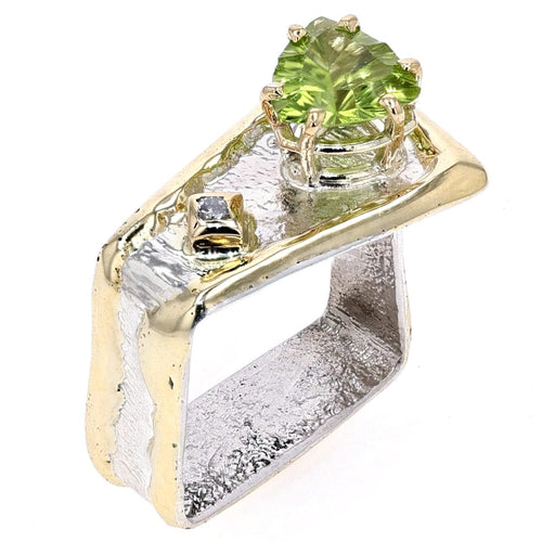 14K Gold & Crystalline Silver Trillion-Cut Peridot & Diamond Tapered Square Ring-Shelli Kahl-Renee Taylor Gallery