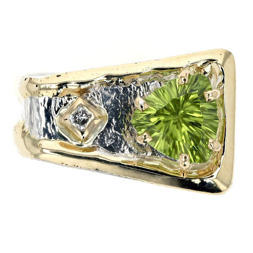 14K Gold & Crystalline Silver Trillion-Cut Peridot & Diamond Tapered Square Ring-Shelli Kahl-Renee Taylor Gallery