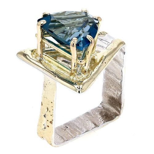 14K Gold & Crystalline Silver Trillion-Cut London Blue Topaz Square Ring-Shelli Kahl-Renee Taylor Gallery