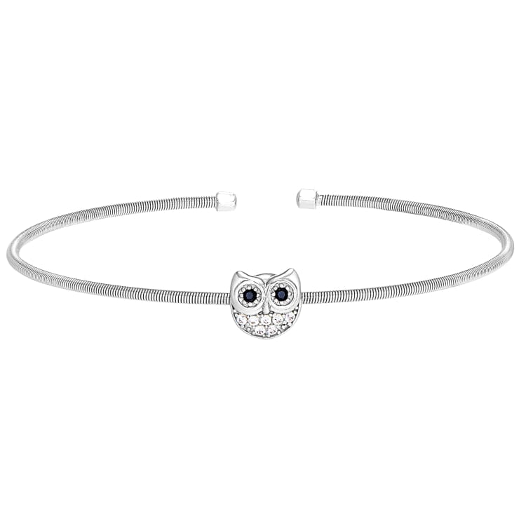 Rhodium Finish Sterling Silver Cable Cuff Owl Bracelet with Simulated Diamonds - LL7080B-RH-Kelly Waters-Renee Taylor Gallery