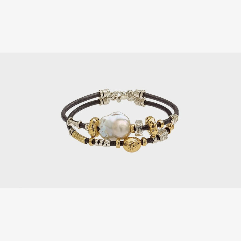 Double Band Leather Bracelet w/ Gold Elements, Silver and Baroque pearl - B1048-Misani Milano-Renee Taylor Gallery