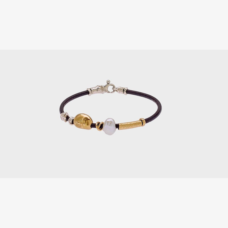 Leather Bracelet with Gold Elements, Silver & Freshwater Pearl - B2019-Misani Milano-Renee Taylor Gallery