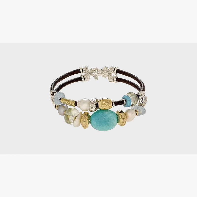 3mm Double Strand Leather Bracelet with Handmade 18K Gold Elements, Silver, Freshwater Pearls, Semi-precious Stones-Misani Milano-Renee Taylor Gallery