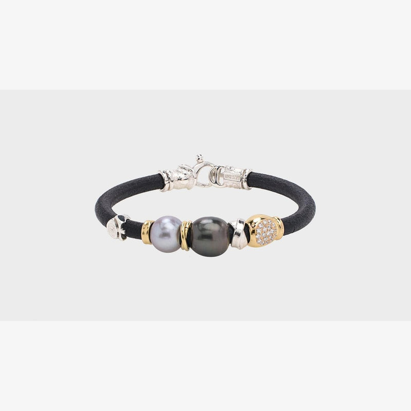 Leather Bracelet with Gold, Silver, Grey Pearl, Black Tahitian Pearl and Diamond Pavè - B2108-Misani Milano-Renee Taylor Gallery