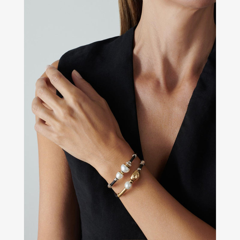 Leather Bracelet with Gold Elements, Silver & Freshwater Pearl - B2019-Misani Milano-Renee Taylor Gallery