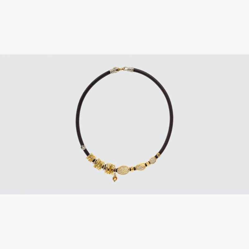 Leather Necklace with Gold Elements, Pave Diamonds-Misani Milano-Renee Taylor Gallery