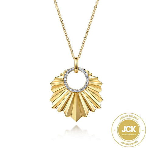 14K Yellow Gold Diamond Necklace w/ Diamond Cut Texture In Leaf Shape - NK7262Y45JJ-Gabriel & Co.-Renee Taylor Gallery