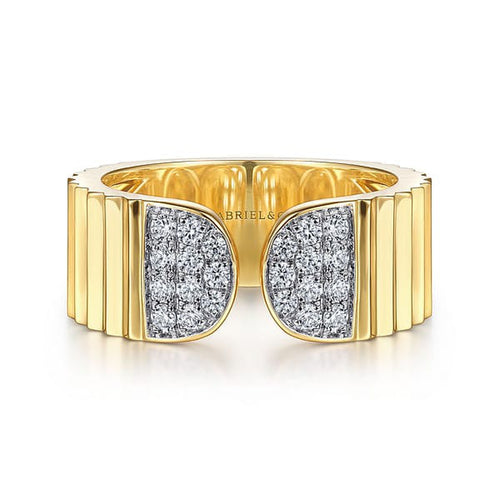 14K Yellow Gold Open Ring w/ Diamond Pavé End Caps and Diamond Cut Texture - LR52371Y45JJ-Gabriel & Co.-Renee Taylor Gallery