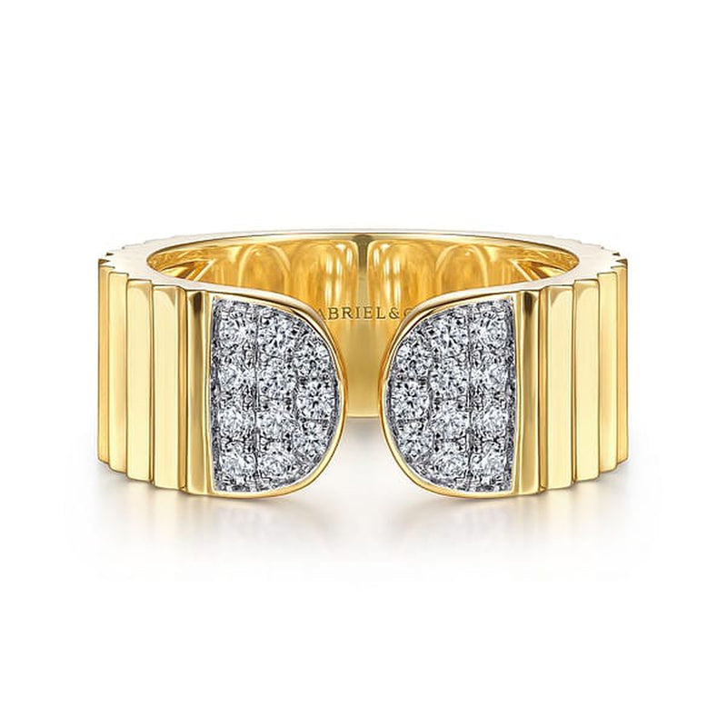 14K Yellow Gold Open Ring w/ Diamond Pavé End Caps and Diamond Cut Texture - LR52371Y45JJ-Gabriel & Co.-Renee Taylor Gallery