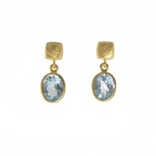 Bezel Oval Blue Topaz Drop Earrings 24K Fair Trade Gold Vermeil-Joyla-Renee Taylor Gallery