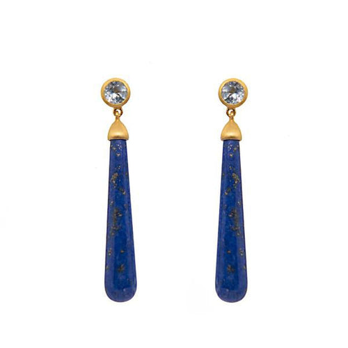 Long Drop Cabochon Sky Blue Topaz & Light Lapis Earrings-Joyla-Renee Taylor Gallery