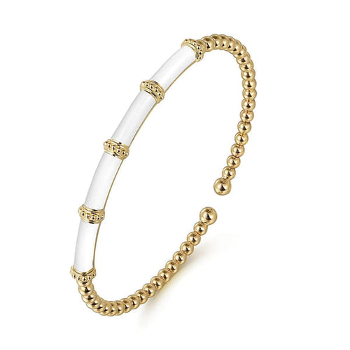 14K Yellow Gold Bujukan Beads Split Bangle w/ White Enamel - BG4972E9Y4JJJ-Gabriel & Co.-Renee Taylor Gallery