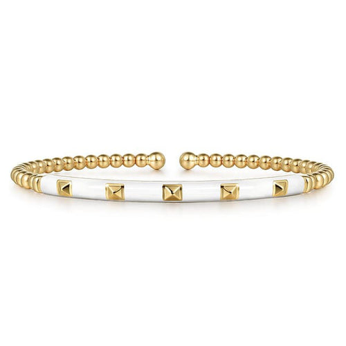 14K Yellow Gold Bujukan Beads and Pyramid Split Bangle w/ White Enamel - BG4969E9Y4JJJ-Gabriel & Co.-Renee Taylor Gallery