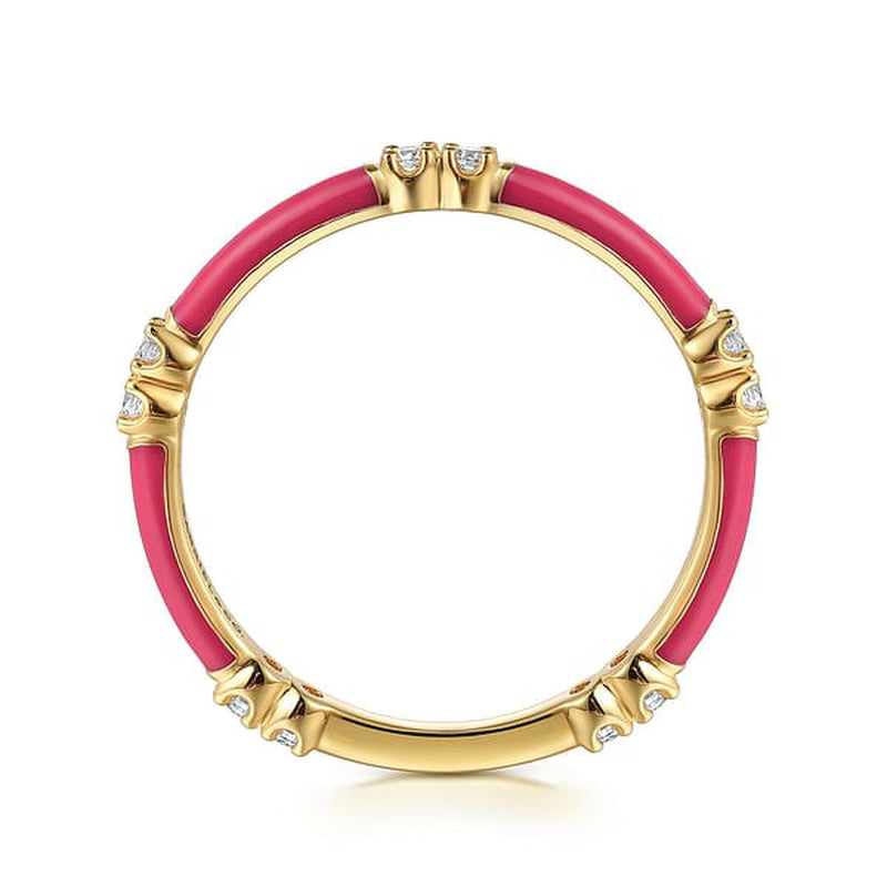 14K Yellow Gold Diamond Stackable Ring with Pink Enamel - LR52659EFY45JJ-Gabriel & Co.-Renee Taylor Gallery