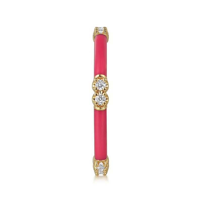 14K Yellow Gold Diamond Stackable Ring with Pink Enamel - LR52659EFY45JJ-Gabriel & Co.-Renee Taylor Gallery