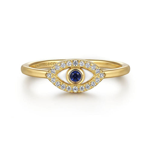 14K Yellow Gold Diamond and Sapphire Evil-Eye Ladies Ring w/ White Enamel - LR52500E9Y45SA-Gabriel & Co.-Renee Taylor Gallery