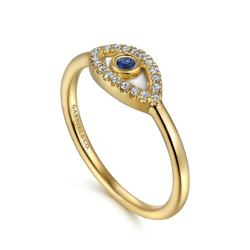 14K Yellow Gold Diamond and Sapphire Evil-Eye Ladies Ring w/ White Enamel - LR52500E9Y45SA-Gabriel & Co.-Renee Taylor Gallery