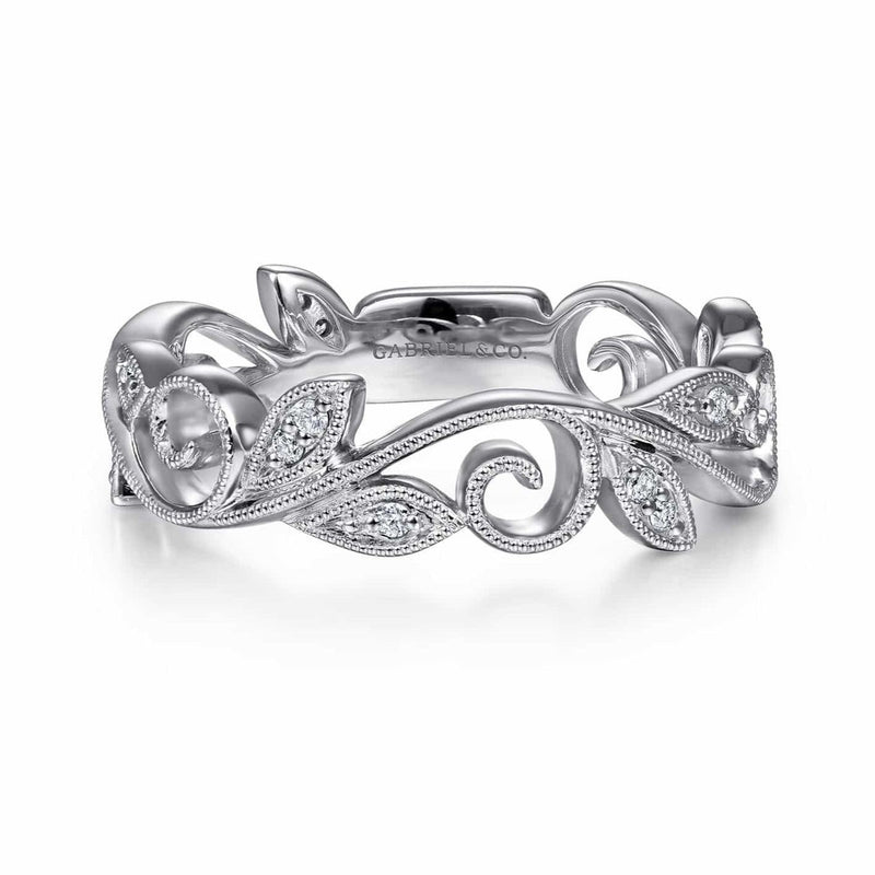 14K White Gold Scrolling Floral Diamond Ring - LR4593W45JJ-Gabriel & Co.-Renee Taylor Gallery