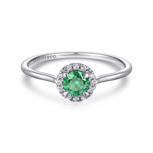 14K White Gold Emerald and Diamond Halo Promise Ring - LR51264W45EA-Gabriel & Co.-Renee Taylor Gallery