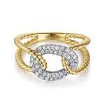 14K Yellow and White Gold Twisted Rope Link Ring with Diamond Pavé Station - LR51318M45JJ-Gabriel & Co.-Renee Taylor Gallery