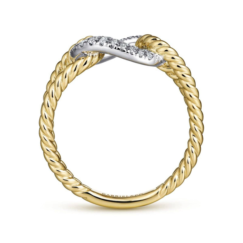 14K Yellow and White Gold Twisted Rope Link Ring with Diamond Pavé Station - LR51318M45JJ-Gabriel & Co.-Renee Taylor Gallery