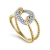 14K Yellow and White Gold Twisted Rope Link Ring with Diamond Pavé Station - LR51318M45JJ-Gabriel & Co.-Renee Taylor Gallery