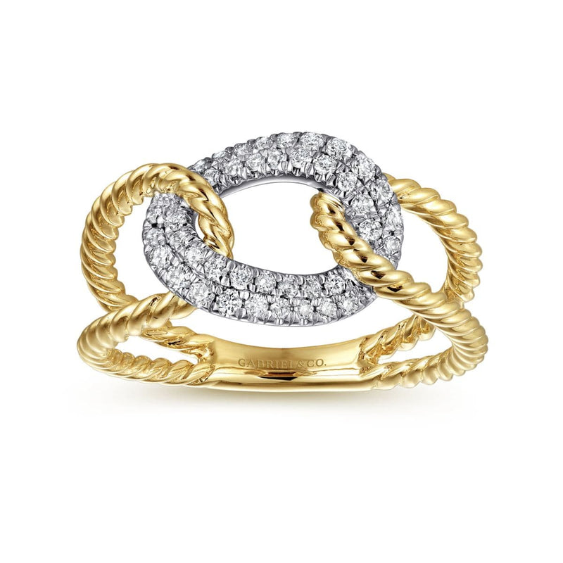 14K Yellow and White Gold Twisted Rope Link Ring with Diamond Pavé Station - LR51318M45JJ-Gabriel & Co.-Renee Taylor Gallery