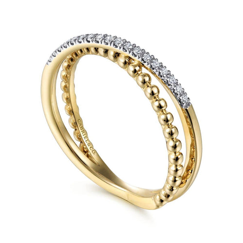 14K Yellow Gold Beaded Pavé Diamond Criss Cross Ring - LR51463Y45JJ-Gabriel & Co.-Renee Taylor Gallery