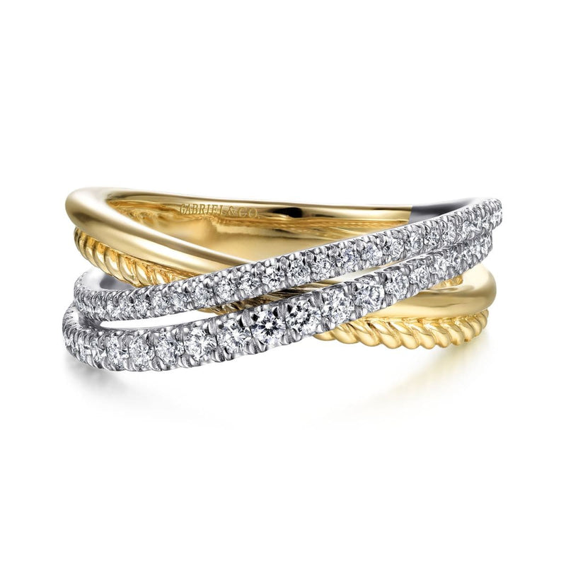 14K White-Yellow Gold Twisted Rope and Diamond Criss Cross Ring - LR51526M45JJ-Gabriel & Co.-Renee Taylor Gallery