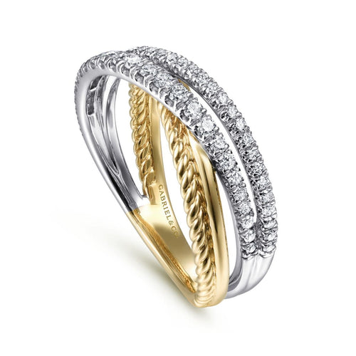 14K White-Yellow Gold Twisted Rope and Diamond Criss Cross Ring - LR51526M45JJ-Gabriel & Co.-Renee Taylor Gallery