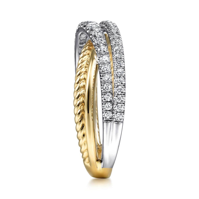 14K White-Yellow Gold Twisted Rope and Diamond Criss Cross Ring - LR51526M45JJ-Gabriel & Co.-Renee Taylor Gallery