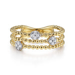 14K Yellow Gold Three Row Beaded Ring with Pavé Diamond Cluster Stations - LR51602Y45JJ-Gabriel & Co.-Renee Taylor Gallery