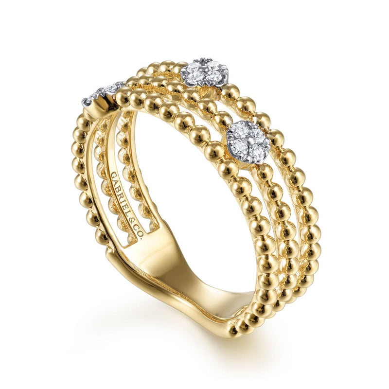 14K Yellow Gold Three Row Beaded Ring with Pavé Diamond Cluster Stations - LR51602Y45JJ-Gabriel & Co.-Renee Taylor Gallery