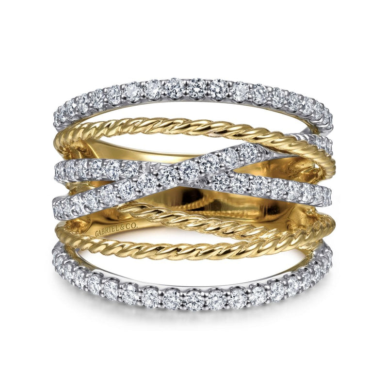 14K White-Yellow Gold Twisted Rope and Diamond Multi Row Ring - LR51623M45JJ-Gabriel & Co.-Renee Taylor Gallery