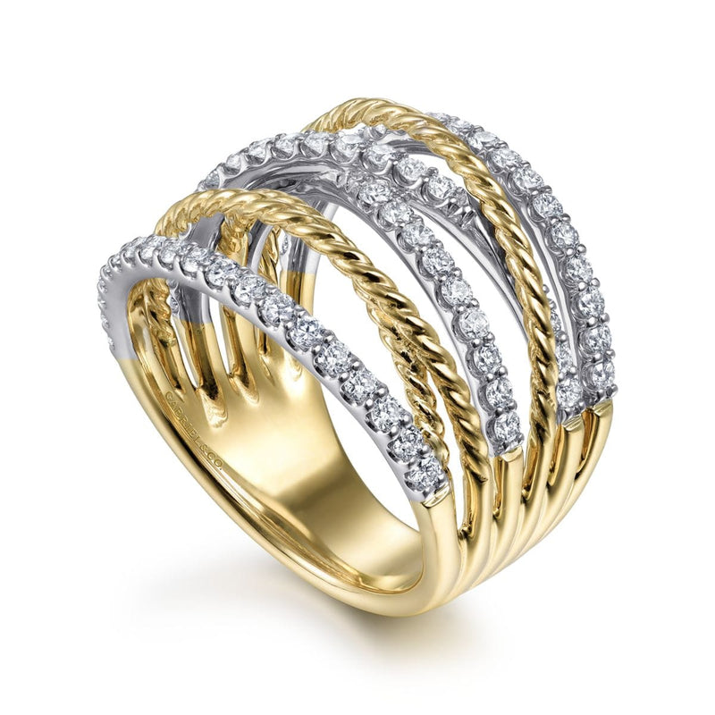 14K White-Yellow Gold Twisted Rope and Diamond Multi Row Ring - LR51623M45JJ-Gabriel & Co.-Renee Taylor Gallery