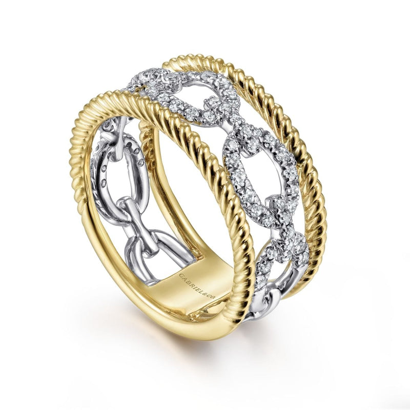 14K White-Yellow Gold Diamond Link and Twisted Rope Ring - LR51658M45JJ-Gabriel & Co.-Renee Taylor Gallery